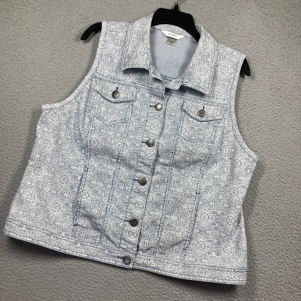 CJ Banks Denim Vest Womens X Blue White Geometric Medallion Button Front Stretch